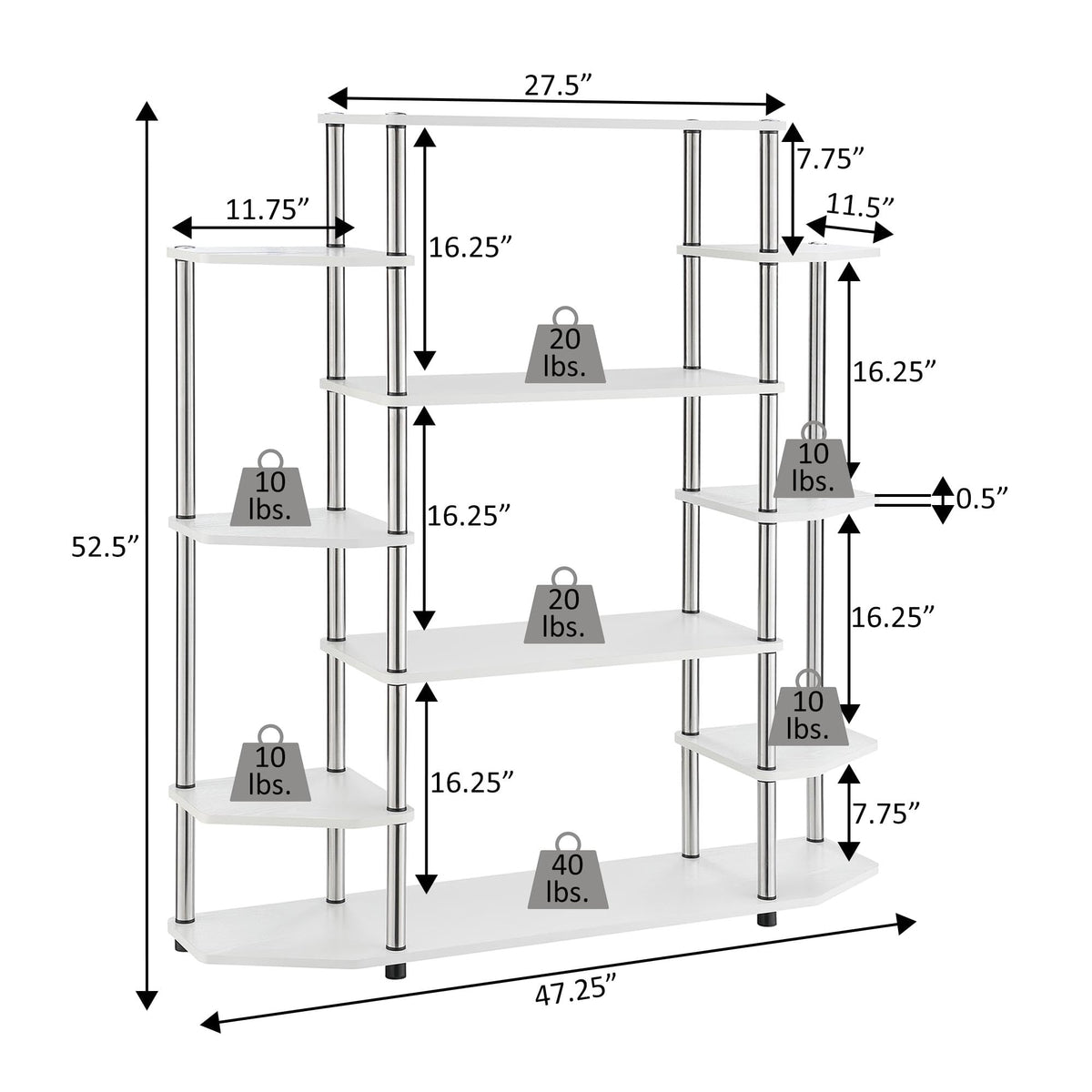 Convenience Concepts Designs2Go No Tools Wall Unit Bookshelf 47.25" - Contemporary Storage Shelves for Display, 10 Spacious Shelves for Modern Living Room, Office, Den, Black
