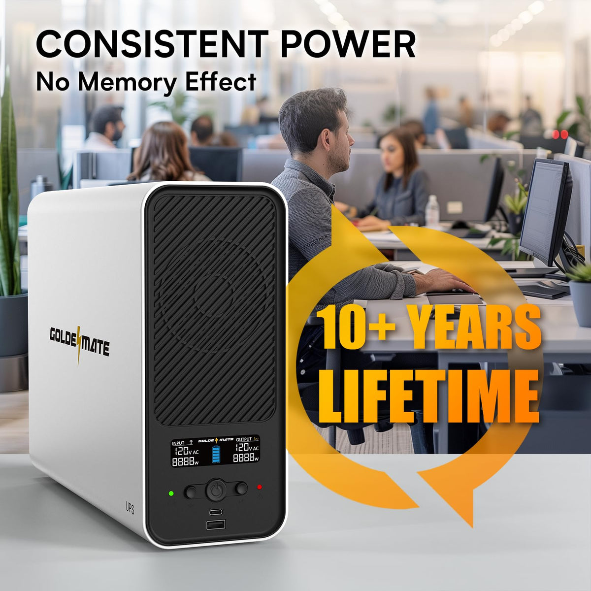 GOLDENMATE 1500VA/1000W Lithium UPS Battery Backup and Surge Protector, 230Wh LiFePO4 Battery Backup, Sinewave UPS with USB Communication Port, 8 Outlets & 2 USB Ports, LCD Display, White
