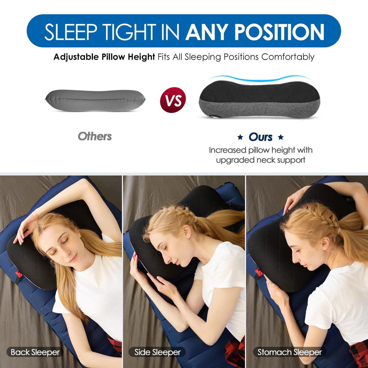 Hikenture Ultralight Inflatable Pillow with Removable Cover and 4" Thick Self Inflating Sleeping Pad with Electric Pump for 2 Person Set