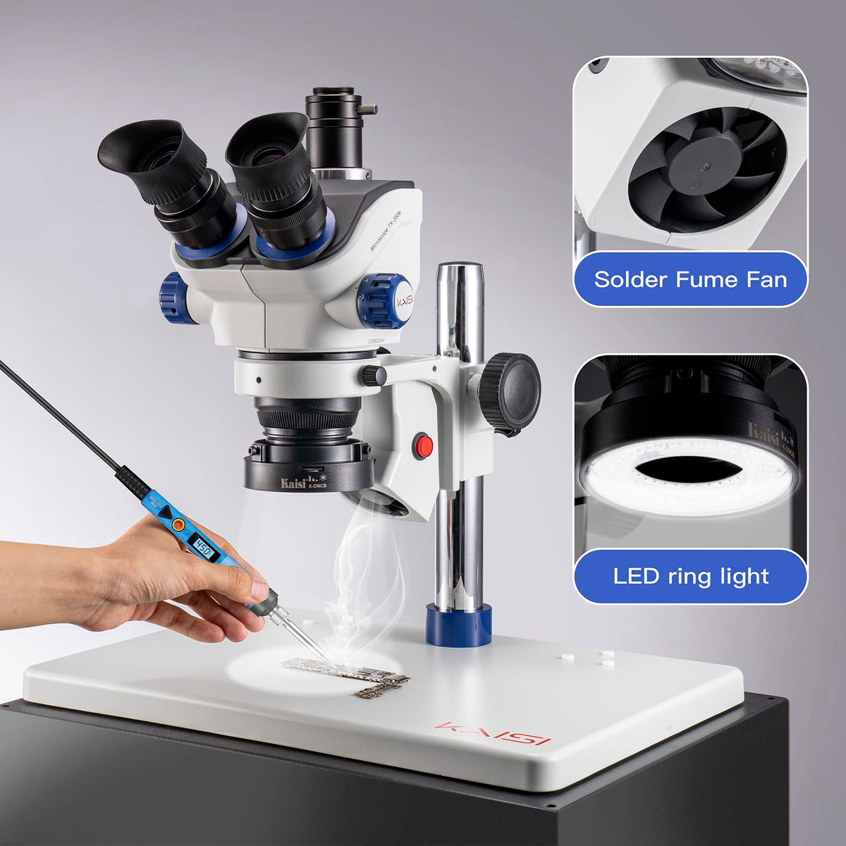 Kaisi TX-350E Professional Soldering Microscope,Trinocular Stereo Microscope, 7X-50X Magnification and WF10x23 Wide Field Eyepieces,Lab Stereo Zoom Microscopes for Electronics Repair
