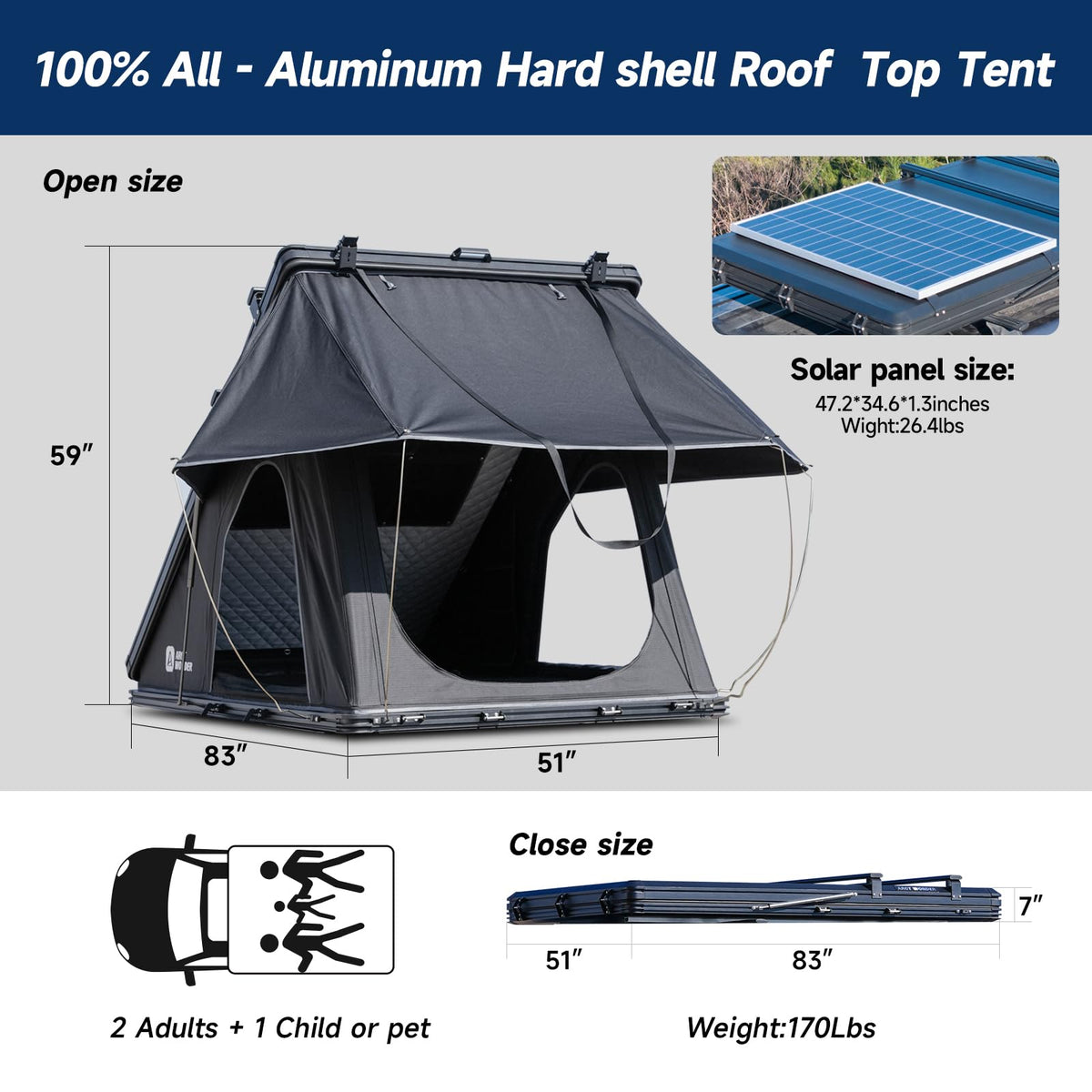 Rooftop Tent Hard Shell,Solar Panel Roof top Tent Hardshell, pop up Rooftop Camping for Jeep Truck Car SUV Van Wrangler.