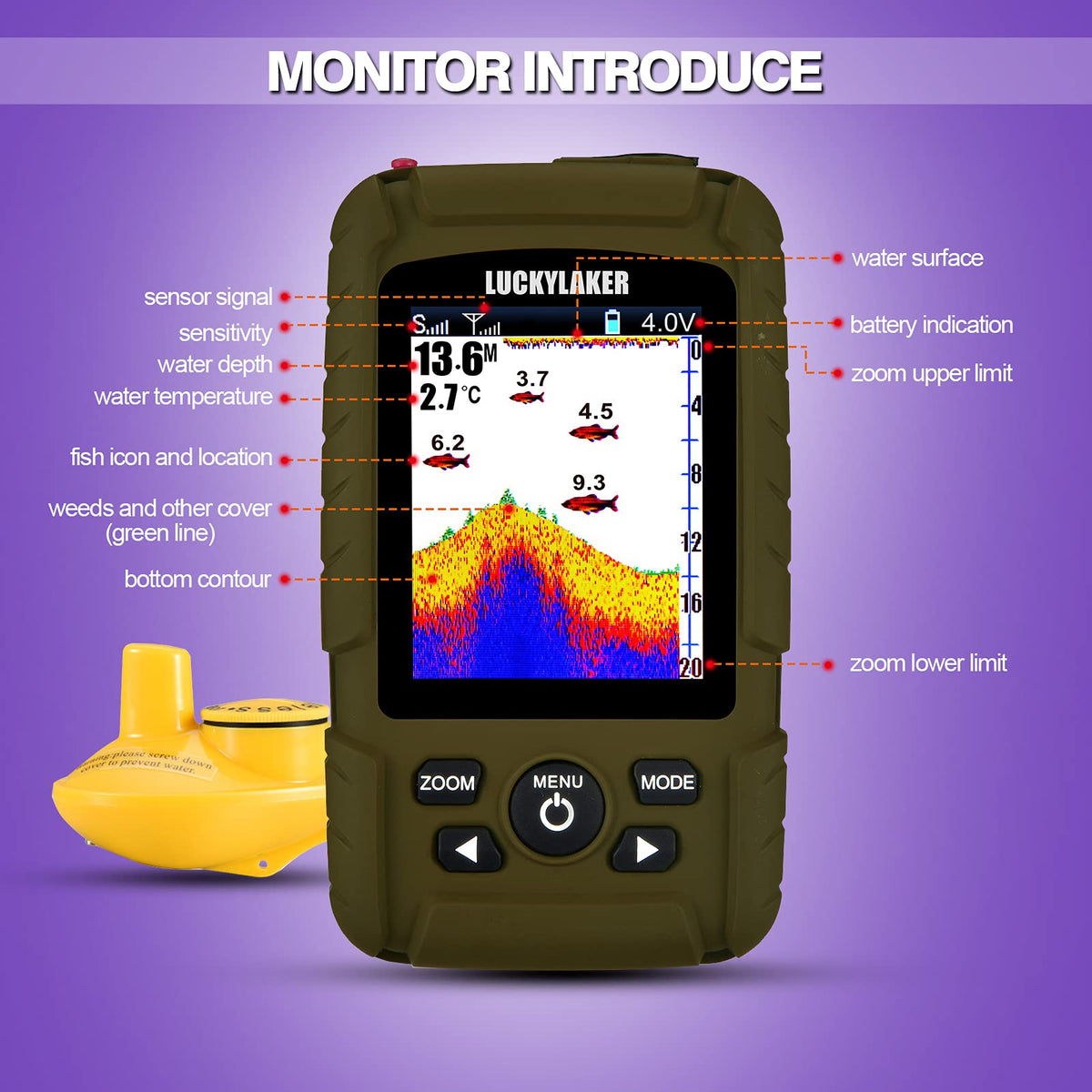 LUCKYLAKER Wireless Handheld Fish Finder Boat Portable Waterproof Depth Finder Display Transducer Kayak Fish Finders Sea Sonar Ice Fishing
