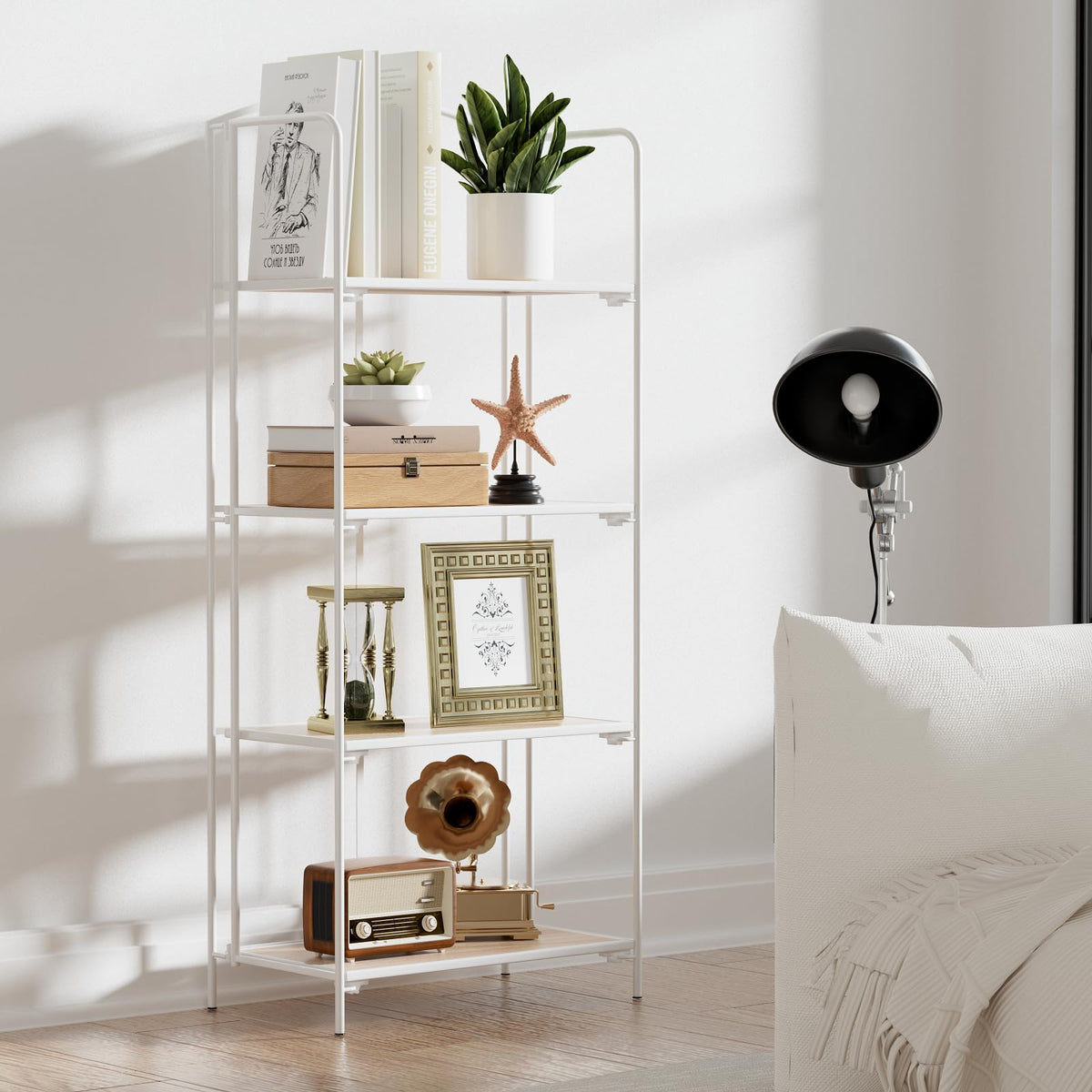 Crofy No Assembly Folding Bookshelf for Living Room, 4 Tier White Collapsible Book Shelf for Home Office, Portable Bookcase Storage Organizer