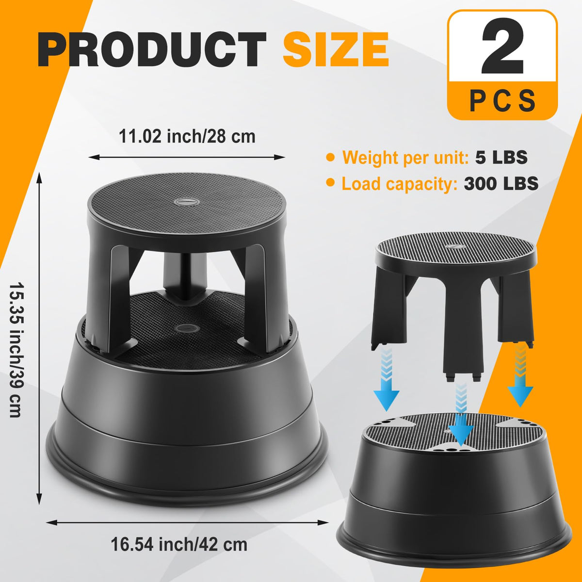 Briwooody 2 Pack Rolling Step Stool with Wheels Non-Slip Platform Retractable Portable Stool Max Load 330 Lbs for Kitchen Home Bathroom Office Library Garage