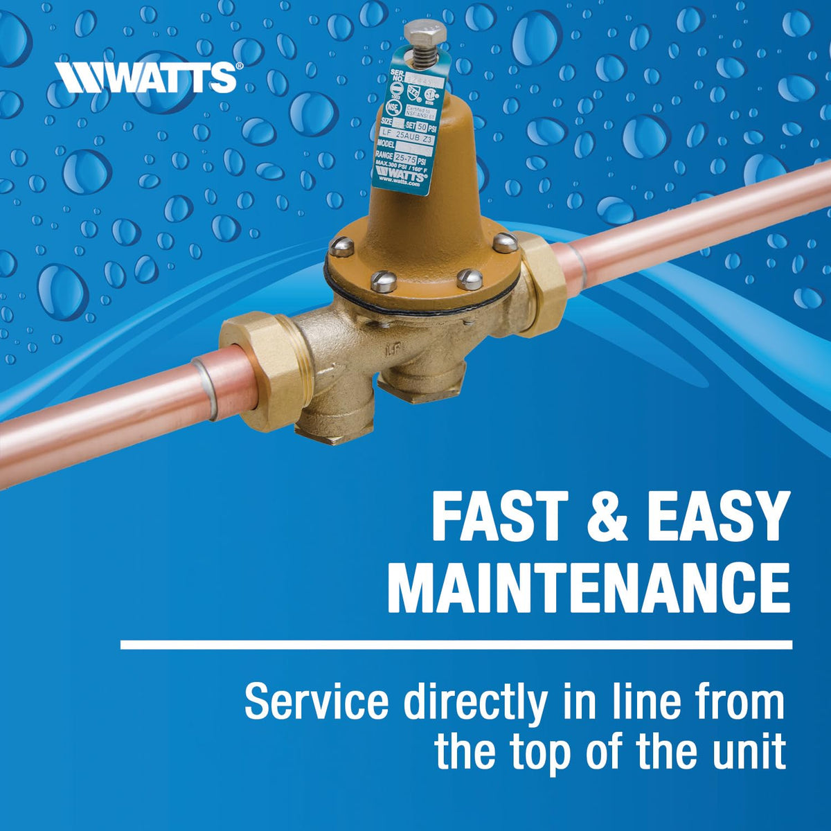 Watts LF25AUB-DU-Z3 1 Series 1-Inch Lead-Free Water Pressure Reducing Valve, Double Union, NPT Female, Polymer Seat, Elastomer Disc, Adjustable 25-75 PSI (0009322)