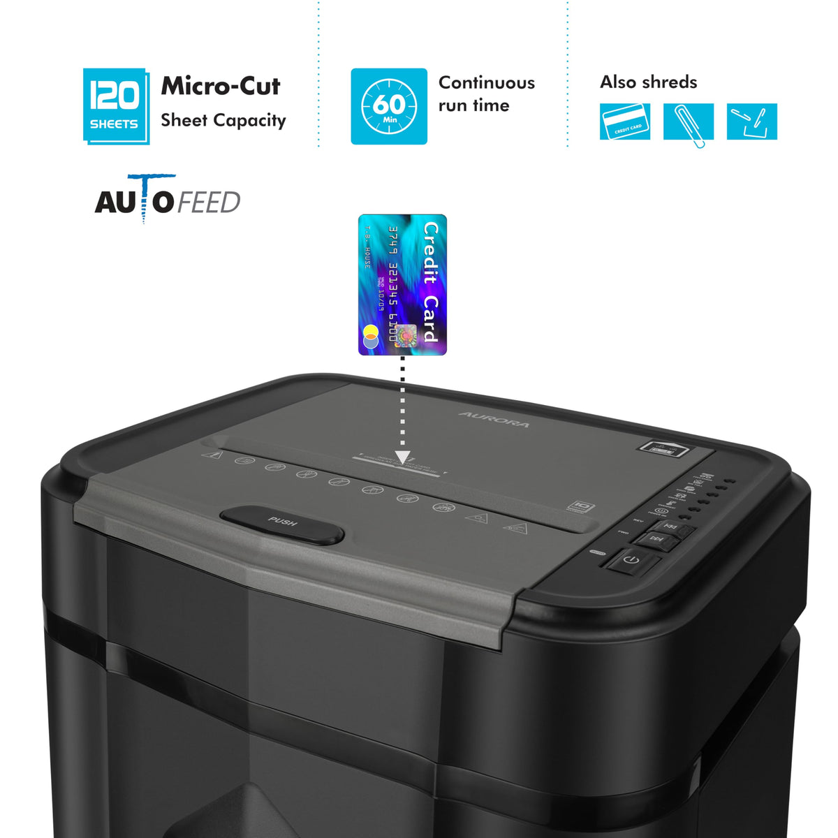 Aurora High Security 120-Sheet Auto Feed Micro-Cut Paper and Credit Card Shredder with 5 Gallon Pullout Basket / 60 Minutes/Security Level P-5