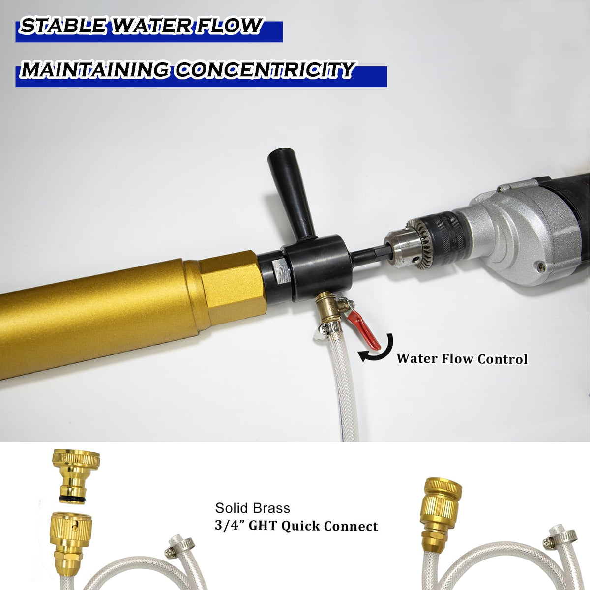 DaduoRi 7" Wet Core Drill Bit with Water Injection Capable Adapter for SDS Max Shank - Includes Solid Brass Quick Connector and Hose - Convenient 1 1/4"-7 Thread Core Bit with Water Feed Design