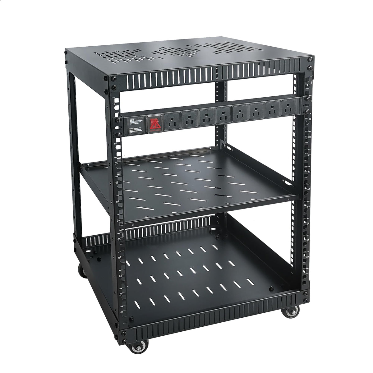 RIVECO 12U Network Rack with Reinforced Top Cover - 4 Post Floor Rack on Wheels for 19" Equipment & Stereo Gear- Including Rack Mount Power Strip & 1PCS 1U Rack Shelf