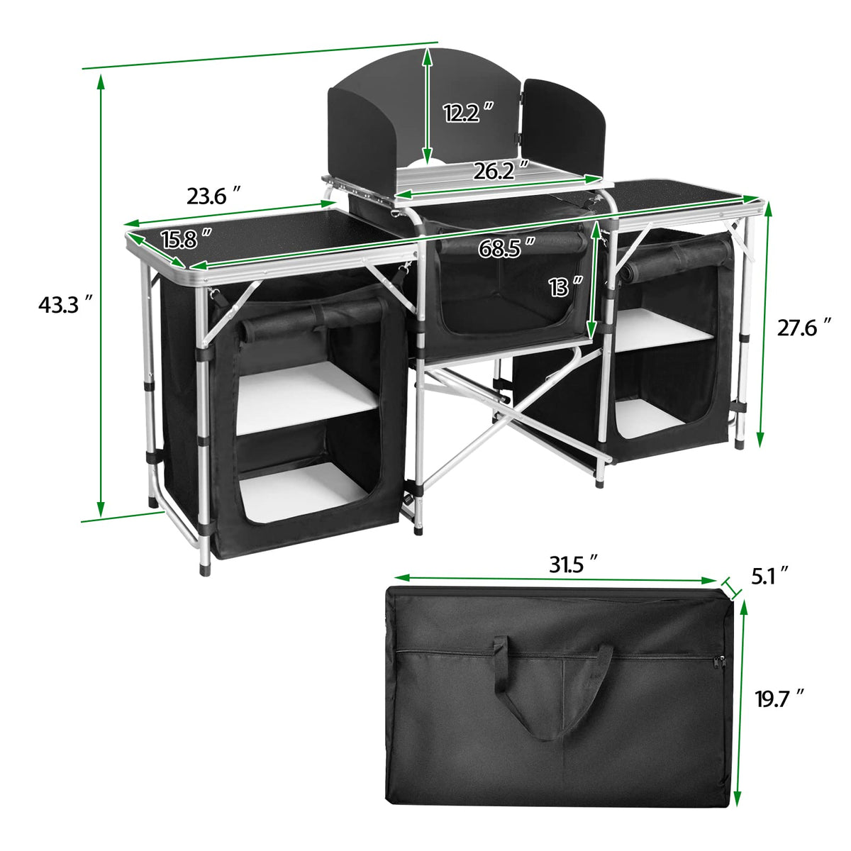 CampLand Folding Camping Kitchen Table with Windscreen,Portable Outdoor Cooking Station with Storage Cabinet & Side Tables Heavy Duty Camp Cook Station for Camping & BBQ (Black3cabinet)