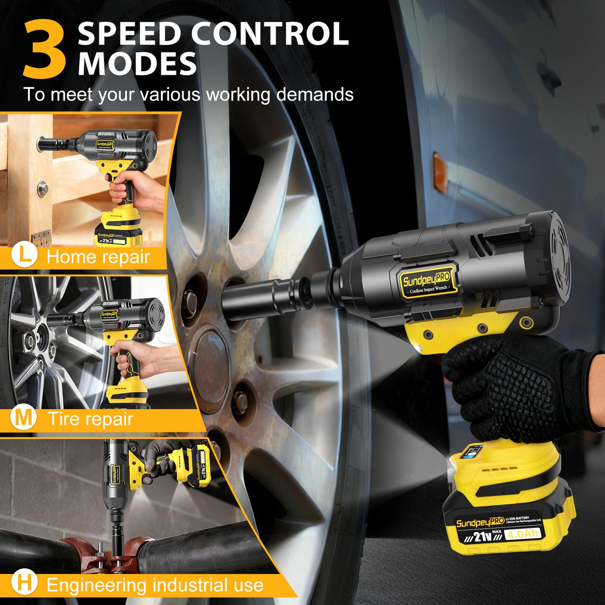 SundpeyPRO 21V Cordless Impact Wrench - 1600Ft-lbs(2100N·m) Heavy Duty High Torque Brushless 3/4 Impact Gun with 2 x 4.0Ah Batteries & Fast Charger 3/4" to 1/2" Adapter & 5 Sockets for Car Industrial