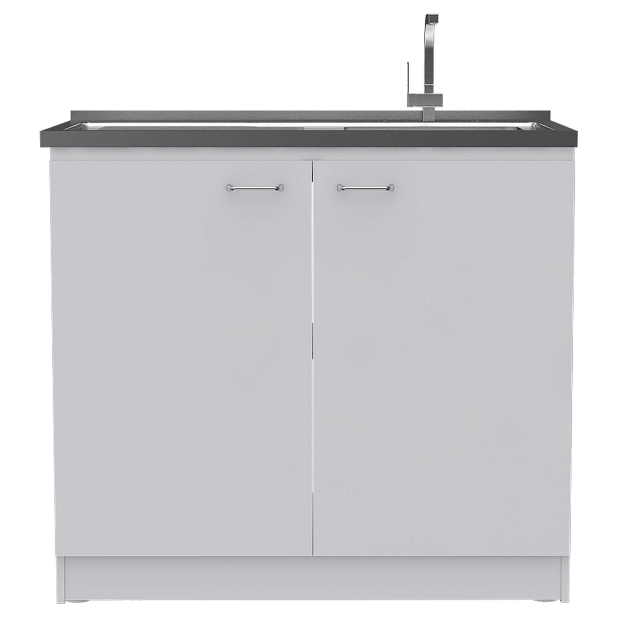 DEPOT E-SHOP Salento Utility Freestanding Sink with Cabinet 35.4" H x 39.3" W - Double Door, Two Shelves, Metal Handles, Aluminum Countertop, White, with Integrated Steel Sink