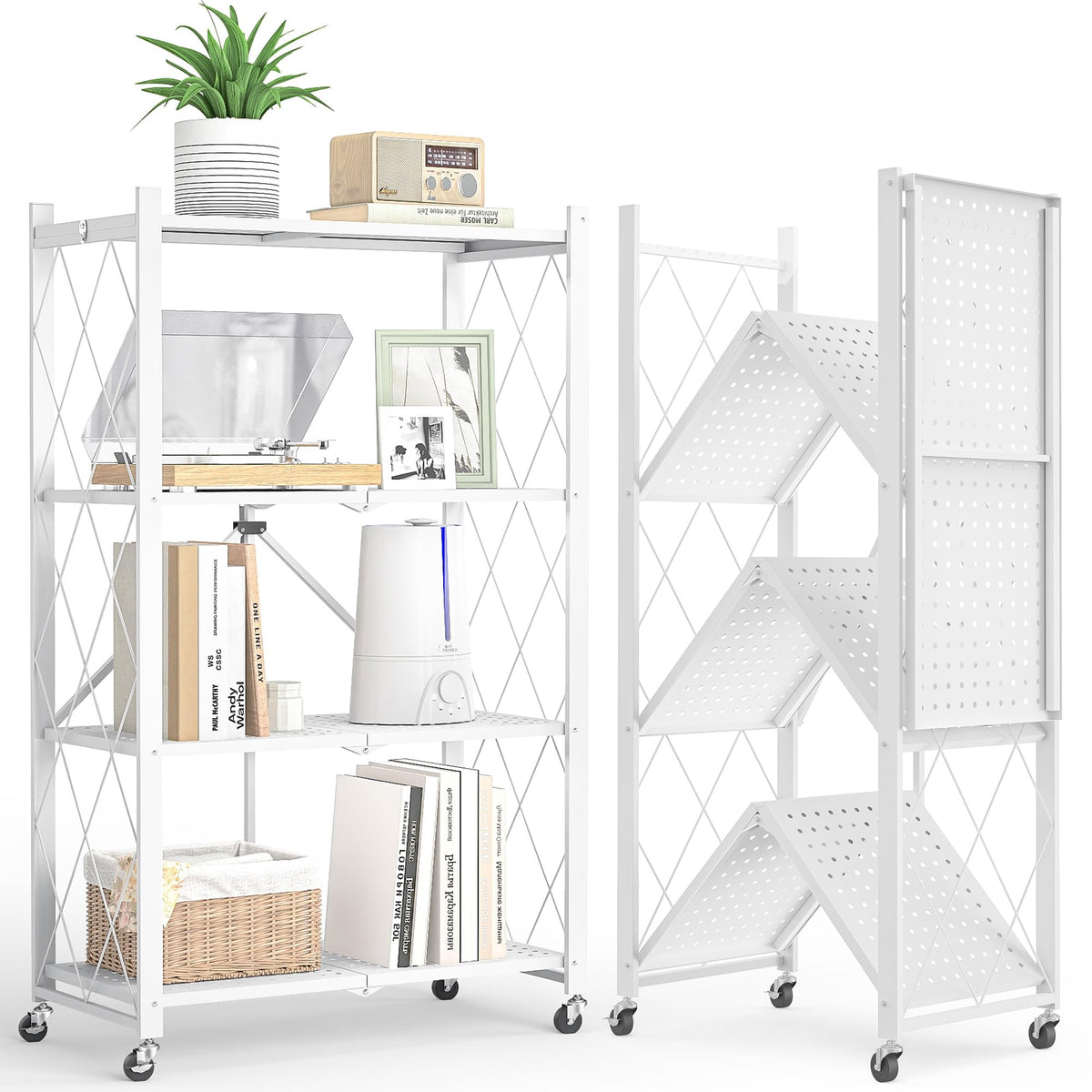 4 Tier Shelf Foldable Storage Shelf w/360° Movement Wheels, No Assemble Shelving Storage, Heavy Duty Folding Shelves, Garage Shelf Storage Organizer for Laundry, Kitchen, Utility Room(White, 4Tier)
