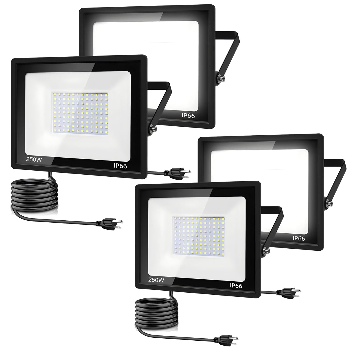 STARFISHHOME 4Pack 250W LED Flood Light Outdoor,25500LM LED Work Light with US Plug,6000K Daylight White,IP67 Waterproof Outdoor Floodlights for Yard,Garden,Playground