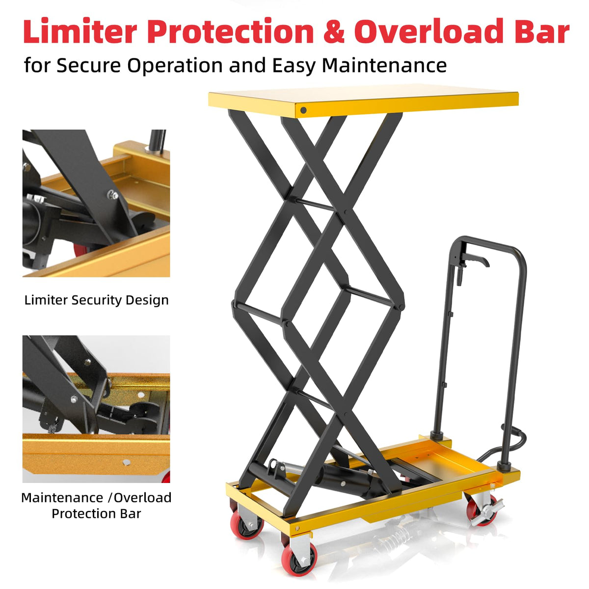 ZKH Hydraulic Lift Cart, 330lb Capacity, 49.6" Max Lifting Height, Single Scissors Lift Table with Locking Wheels and Overload Bar for Safe Operations, Ideal for Material Handling and Freight Lifting