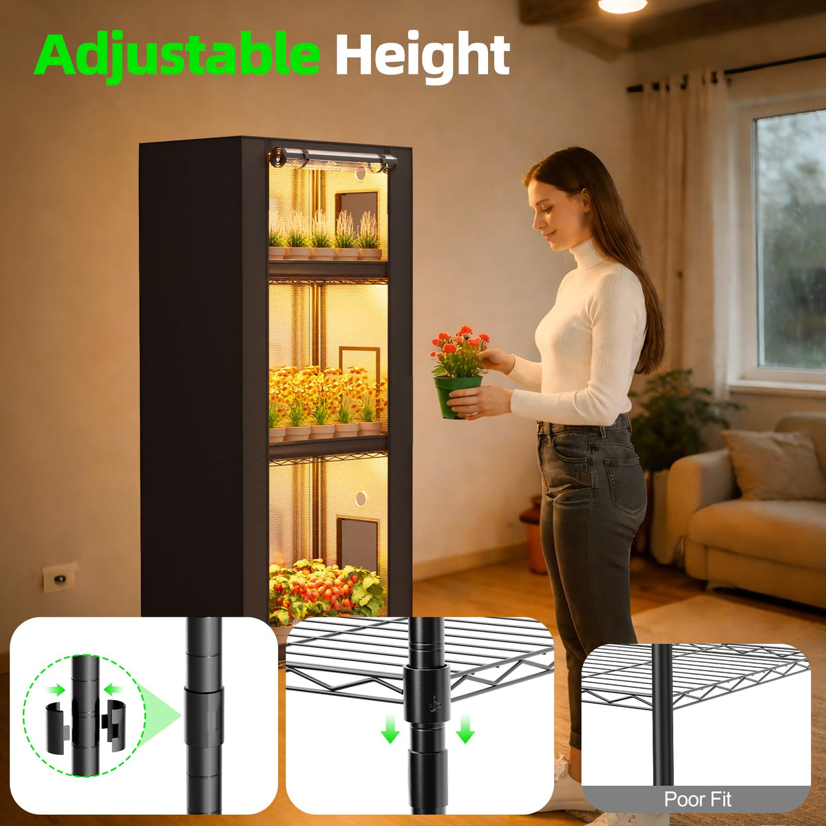 SPECILITE Plant Stand with Grow Tent Lights, 1680D High Reflective Cover, 10-Level Full Spectrum 5000K LEDs, 4-Tier Adjustable Metal Greenhouse（250 Lbs for Plant Growth, Seed Starting, 28"x14"x59"