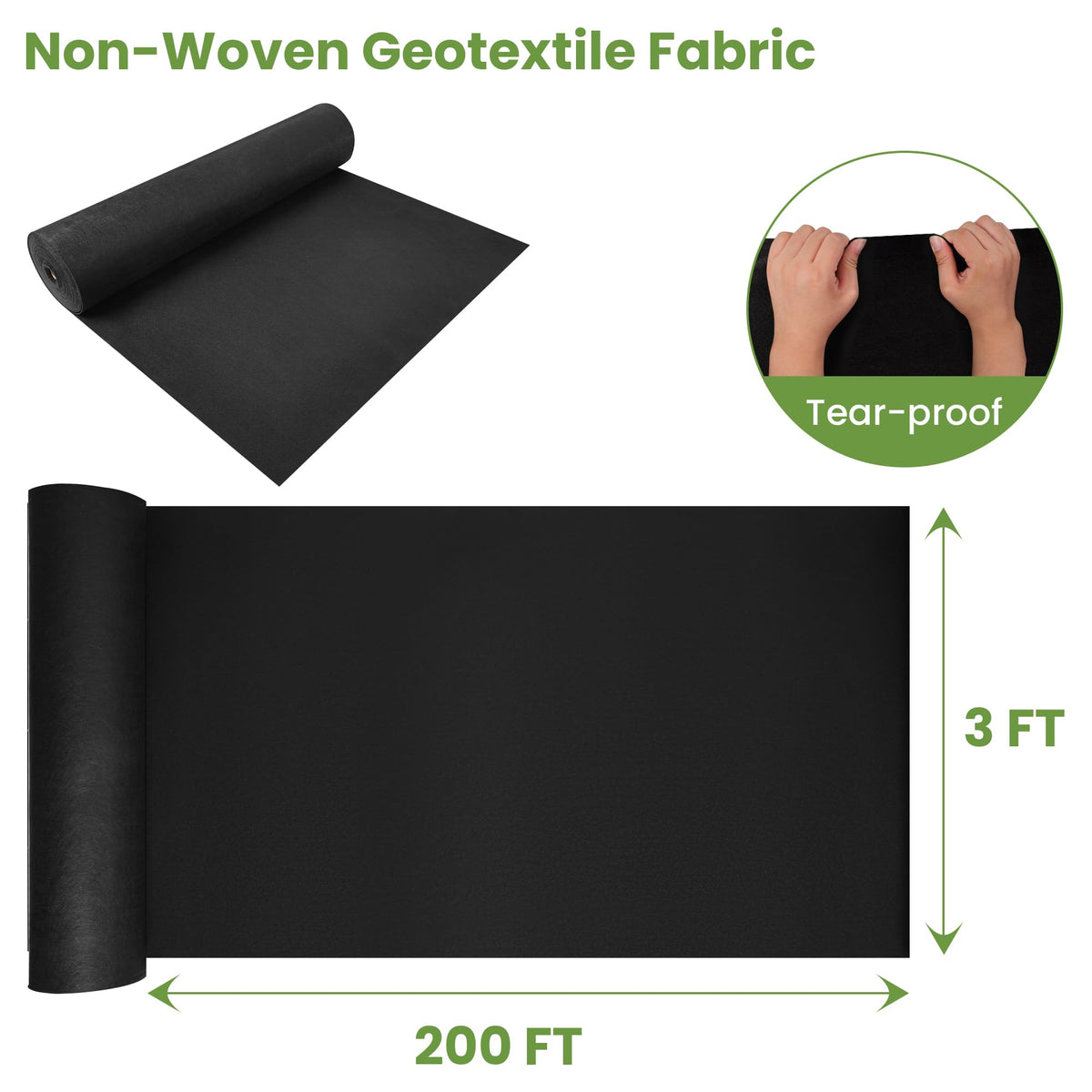 hzgeotl Weed Barrier Landscape Fabric | Heavy Duty Premium Weed Control Fabric -Durable & Eco-Friendly Weed Block Gardening Mat (8OZ 3x200ft, Non Woven)