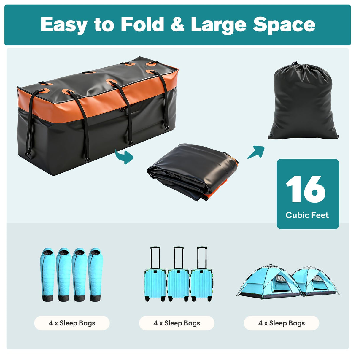 OLIXIS Folding Hitch Mount Cargo Carrier Basket 60x21x6 with Waterproof Luggage Bag 16 Cubic Feet, 500 Lbs Capacity Cargo Basket, with Hitch Stabilizer, Straps, Net