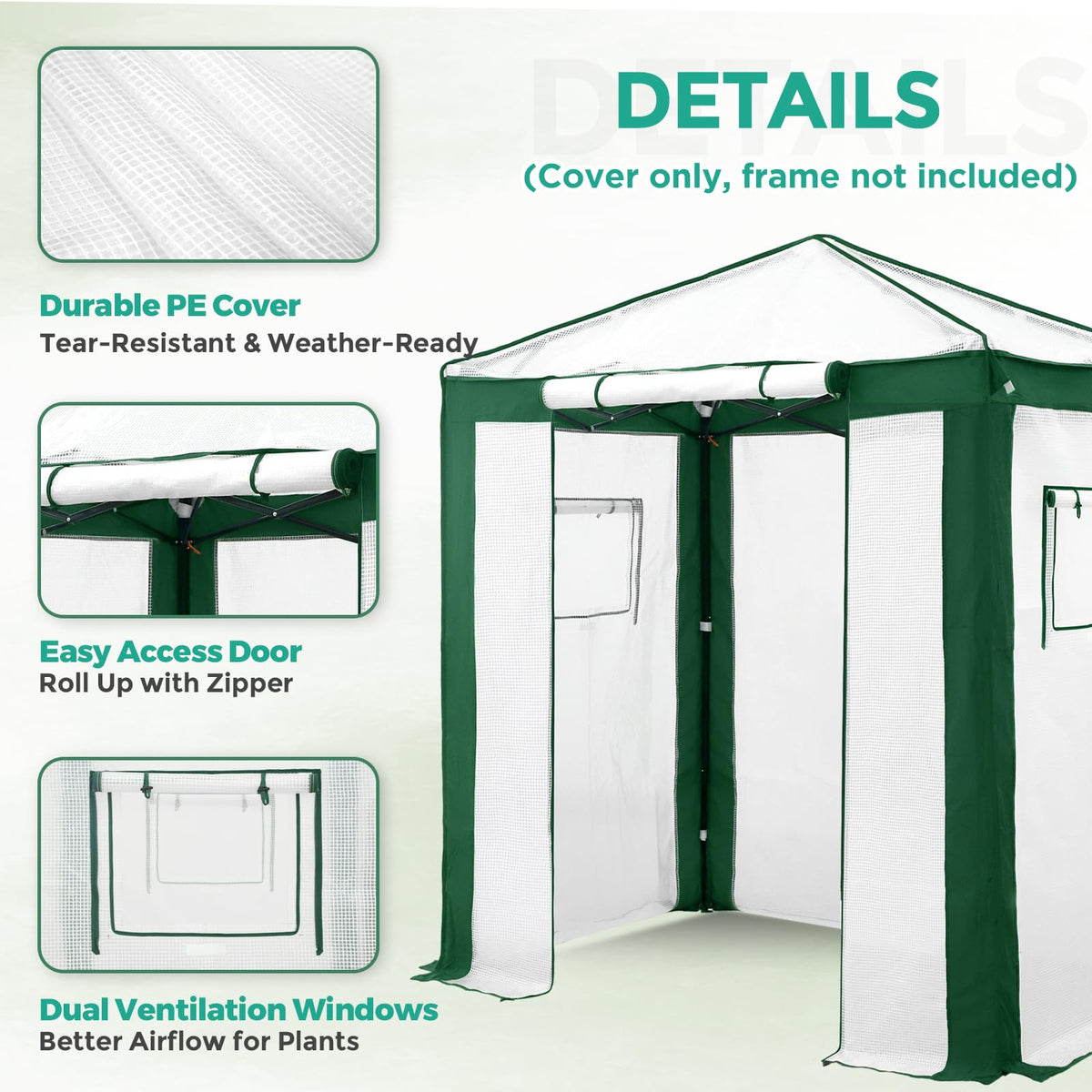 EAGLE PEAK Replacement Cover for 6x4 Portable Pop up Greenhouse with Polyester Reinforced Corners, Front Roll-Up Zipper Entry Door and 2 Roll-Up Side Windows (Frame Not Included), Green/White