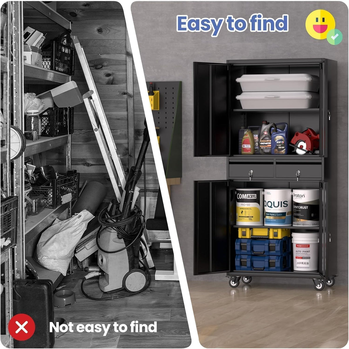GarveeHome Garage Storage Cabinet, 73'' Metal Storage Cabinet with Wheels and Adjustable Shelves, Heavy Duty Storage Cabinet with Locking Doors and 2 Drawers for Office and Garage, Black
