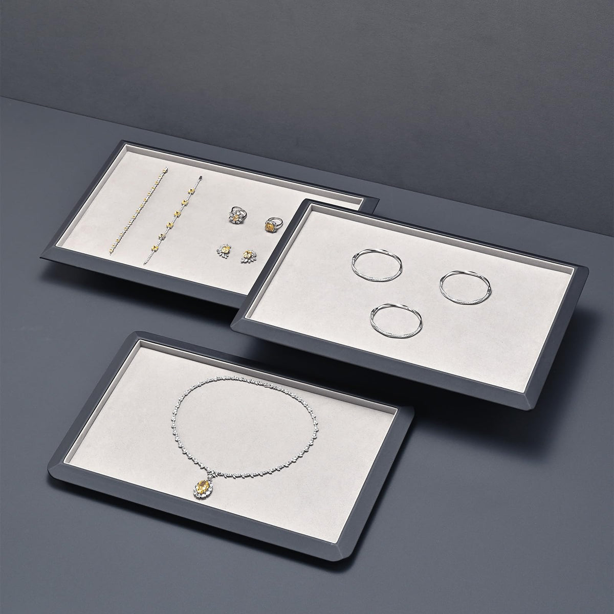 Oirlv Gray Leather Jewelry Display Tray with Microfiber Lining, Premium Rounded Corner Organizer