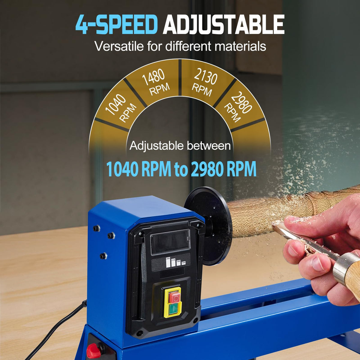 Garvee Wood Lathe, 14 in x 40 in Benchtop Wood Lathe Machine 0.5 HP Infinitely Variable Speed 1040-2980 RPM, Wood Turning Lathe Machine with Wrench & 2 Chisels for Woodworking, Woodturning