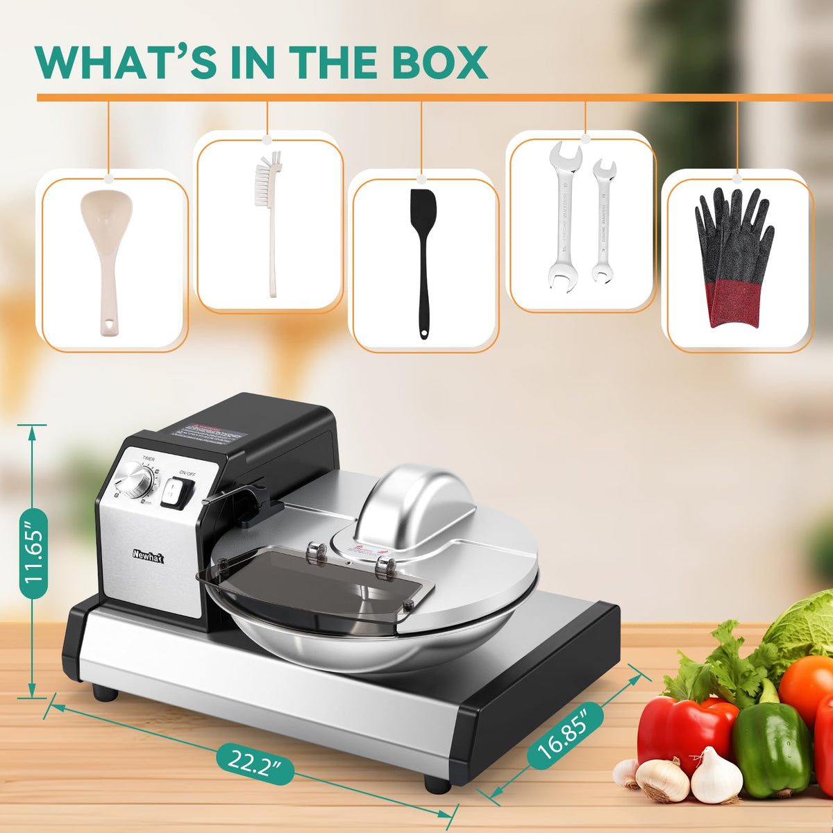 Newhai Commercial Food Processor, 5QT Vegetable Chopper Meat Grinder Mincer, Heavy Duty Electric Veggie Mincer, Stainless Steel Removable Bowl 1-15 Timer 250W 110volt Home&Restaurant