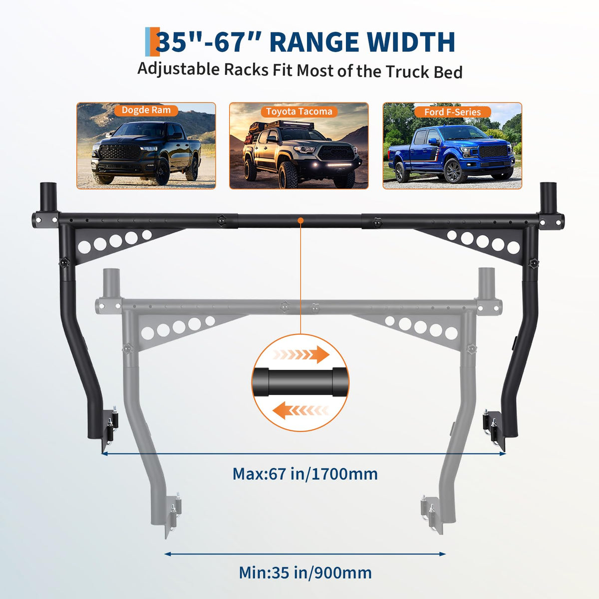 GarveeTech Universal Extendable Truck Ladder Rack, 52"-82" Adjustable Mobile Steel Rack, 1000 Lbs Capacity, No-Drill Heavy-Duty Pickup Rack for Kayaks, Lumber, Ladders, Surfboards, Rooftop Cargo -Pair
