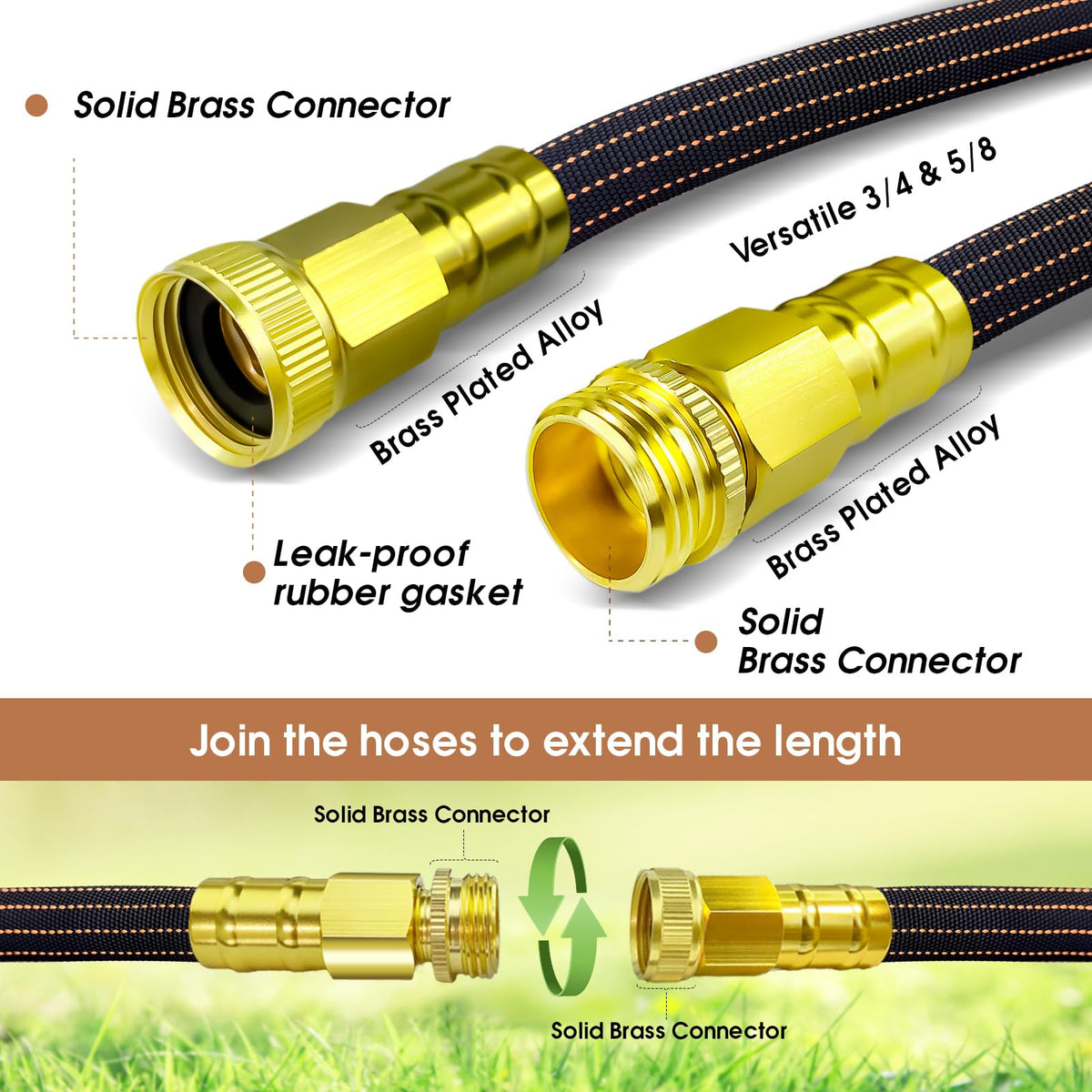 10FT Lightweight Flexible Garden Hose,Non-Slip Handles,Non-kink Hose,Solid Brass Fitting for Boats, RV Water Hose,Marine Washdown,Lawn,Garden,Leakproof TPE Hose (GreenBlack, 10 Ft)