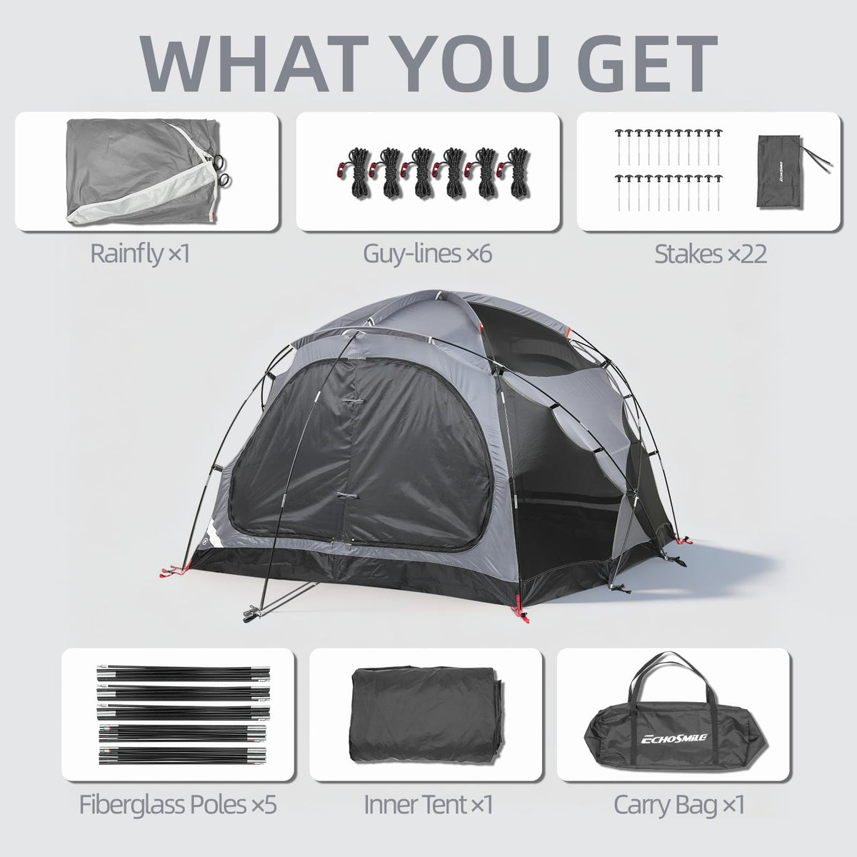 EchoSmile 3-5 Person Family Camping Tent, Waterproof Windproof Heavy Duty Dome Shelter, Easy Setup Multi-Pole Cabana with Extra Storage Room for Wet Bags & Shoes, Outdoor Hiking Travel -Gray