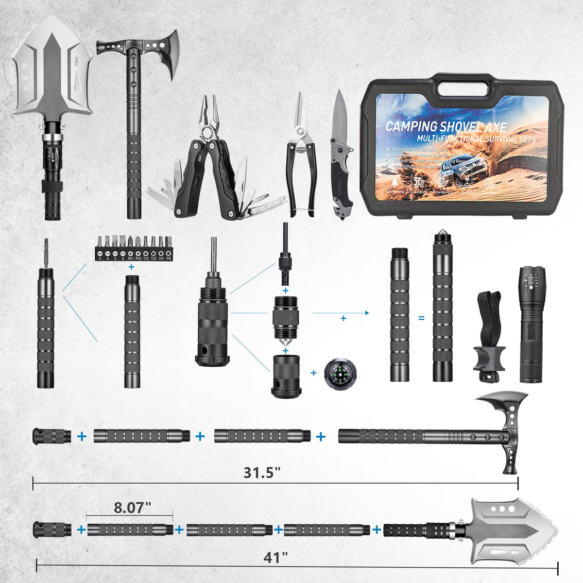 Camping Shovel Axe Outdoor Survival Shovel Set with High Carbon Steel Camping Gear for Men Outdoor Caming Hiking Backpacking Emergency