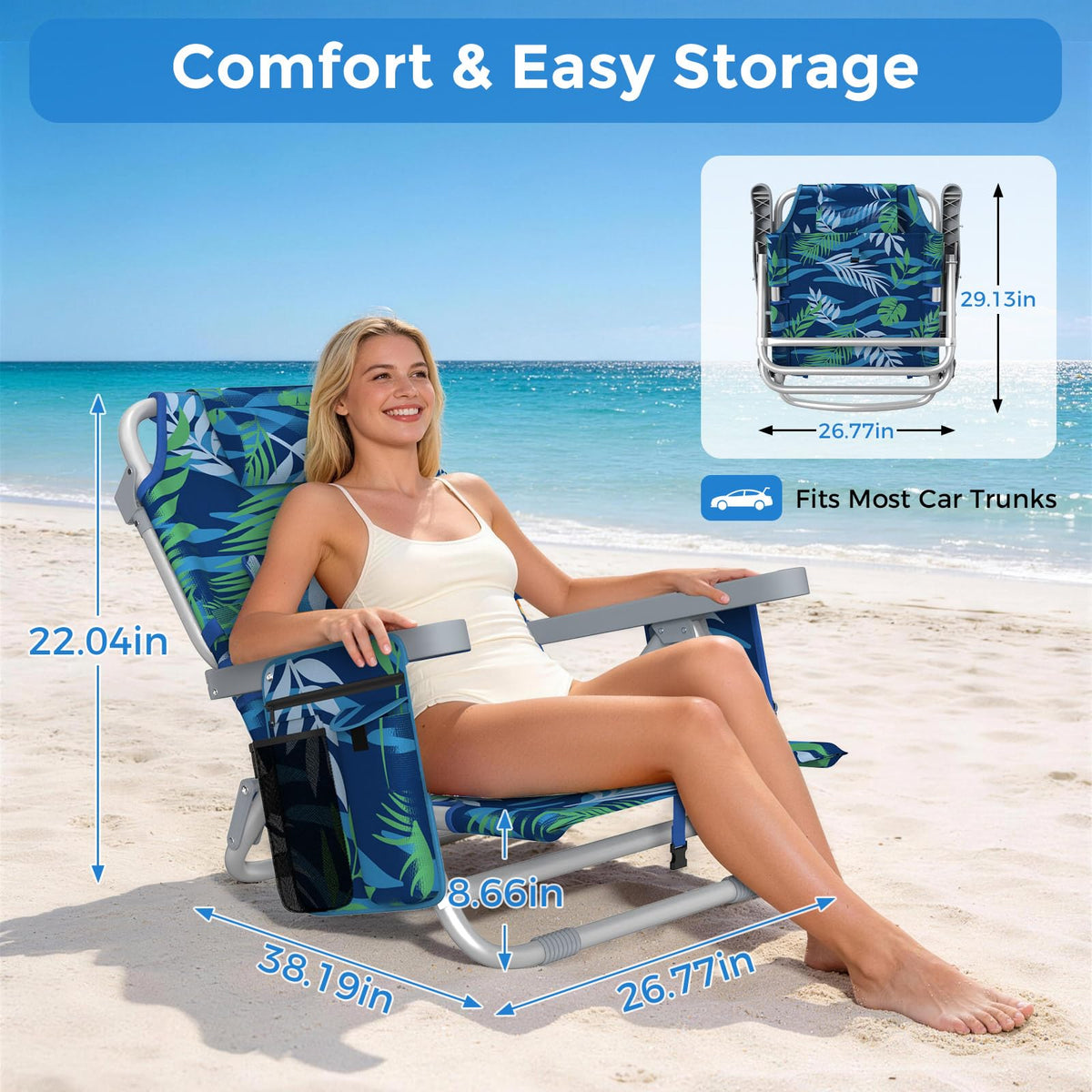5-Position Backpack Beach Chair for Adults with Lumbar, Foldable Tall Heavy-Duty Beach Chairs with Cooler Bag,Cup Holder,Towel Rack for Beach, Camping, Outdoor