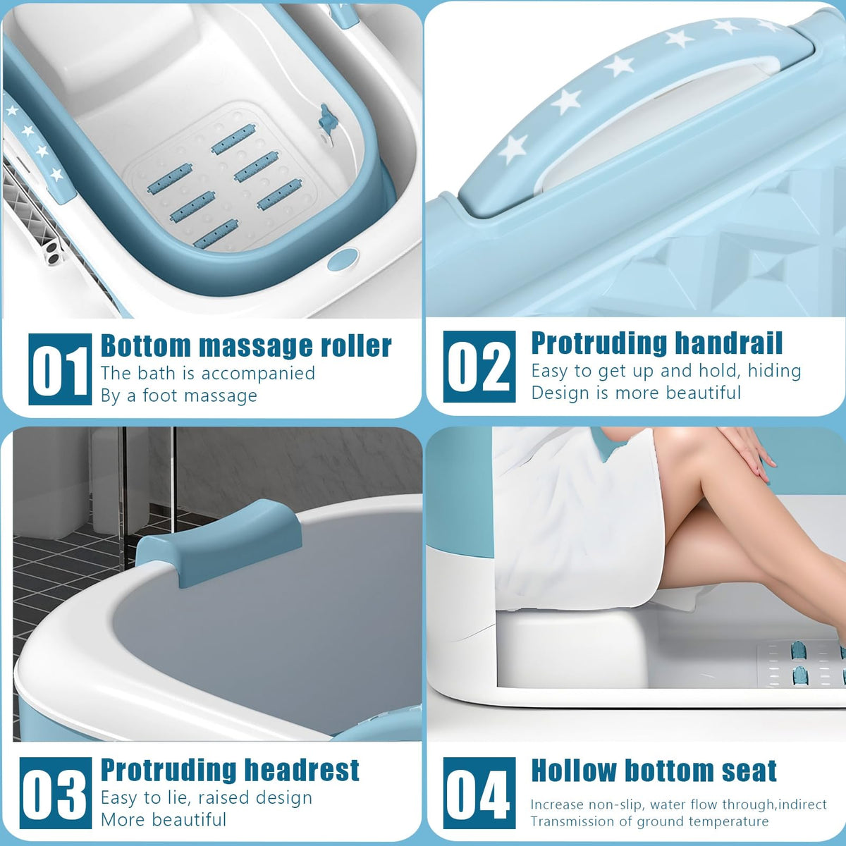 PlayNeew 103cm Portable Folding Bathtub, Small Foldable Soaking Tub with Ergonomic Seat & Massage Roller, Large Collapsible Freestanding Tub for Adults, Hot/Ice Bath Blue