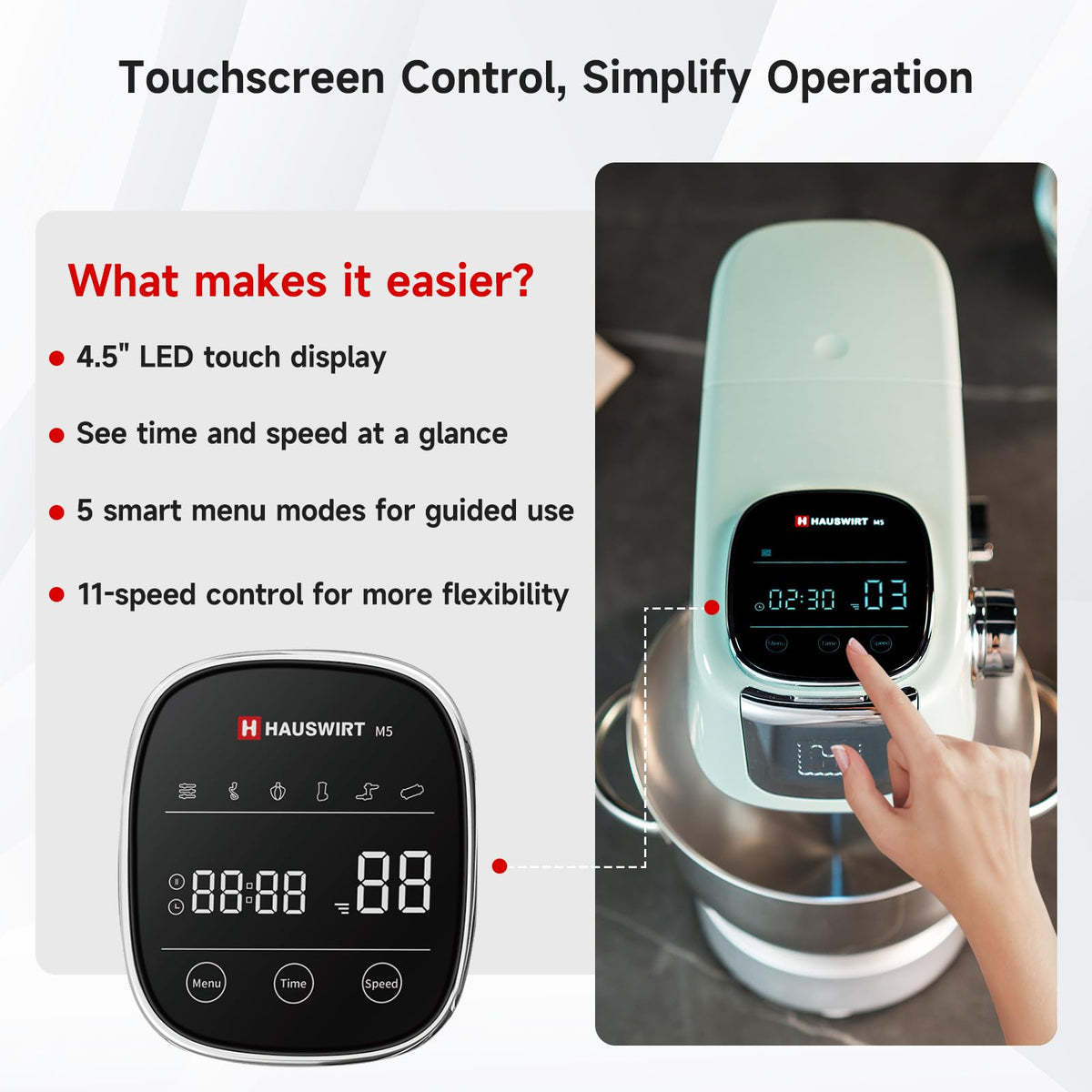 Hauswirt Stand Mixer Silent with LED Touch Screen, 5.3QT XL Large Mixers Kitchen Electric Stand Mixer for Household, 500W DC Motor 11-Speed for Bread Pasta Meat – Lake Green