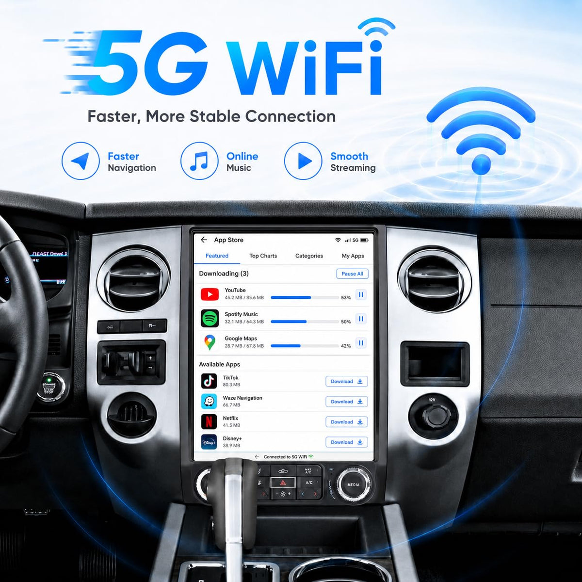 CIGKTSEIN Car Radio for Ford Expedition 2015 2016 2017, 8-Core 4+64GB Android Upgrade Stereo with Wireless Carplay Android Auto, 12.1'' T-Style Screen with GPS WiFi SWC AM/FM Backup Camera