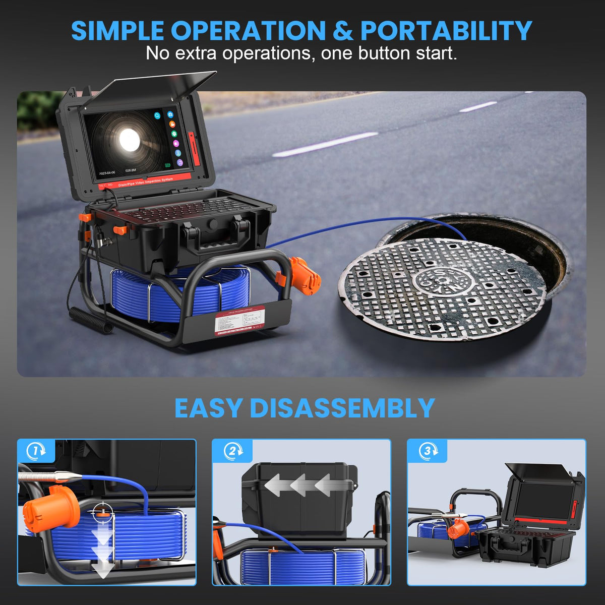Sewer Camera, 10.1" 1080P Touchscreen Sewer Pipe Inspection Camera with 512Hz Transmitter, Self-Leveling, Distance Counter for Drain Plumbing Pipe, IP68 Waterproof DVR Recorder/Audio-16 GB, 165FT