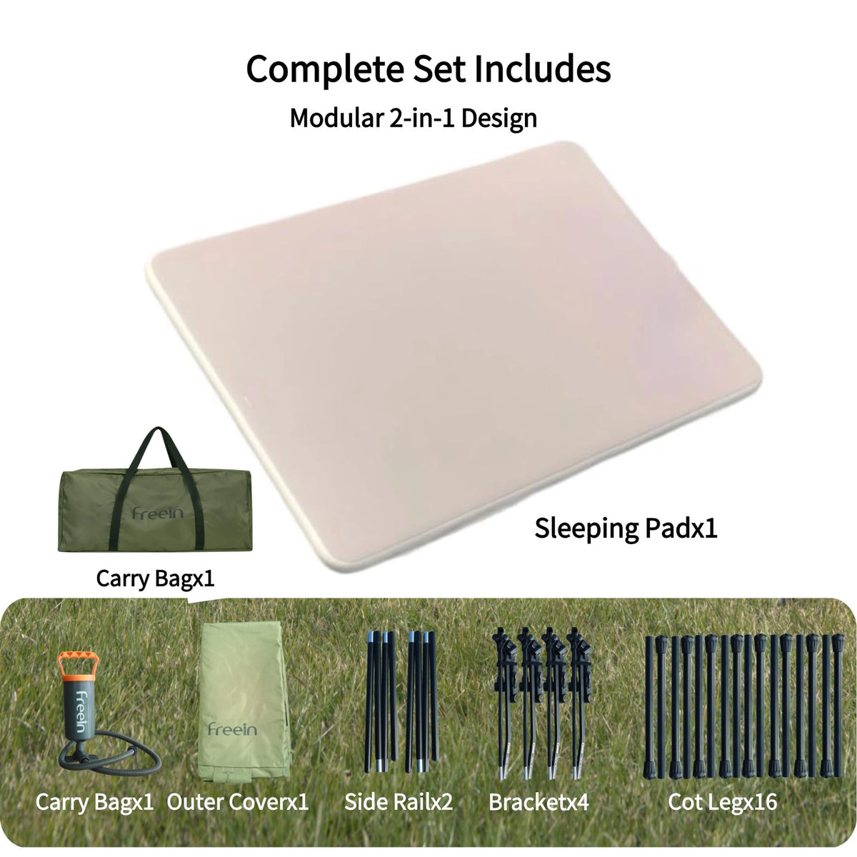 Freein Double Camping Cot with 7 PSI Inflatable Mattress Combo, Queen Size Modular 2-in-1 Sleep System, Dual-Height Adjustable, 16-Point Stable Frame Supports 820lbs, Portable SUV & Tent Bed
