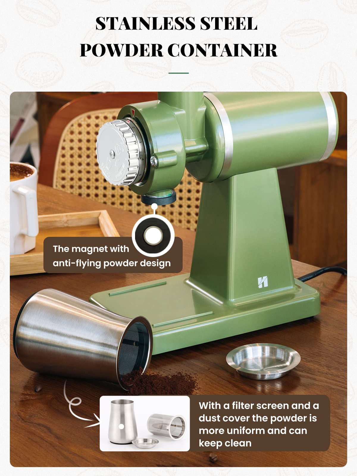 Huanyu Electric Coffee Bean Grinder 250G Automatic Burr Grinder Green and Huanyu Commercial Coffee Grinder with 64mm Flat Burr Anti-Flying Grounds Outlet 26oz Lotus Hopper Bundle