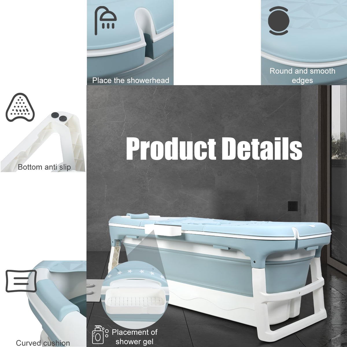 50" Foldable Bathtub for Adults, Large Portable Bath tub with Storage Basket, 1.3 Meter Foldable Bathtub with Thermal Cover for Indoor/Outdoor Use (Blue-50in)