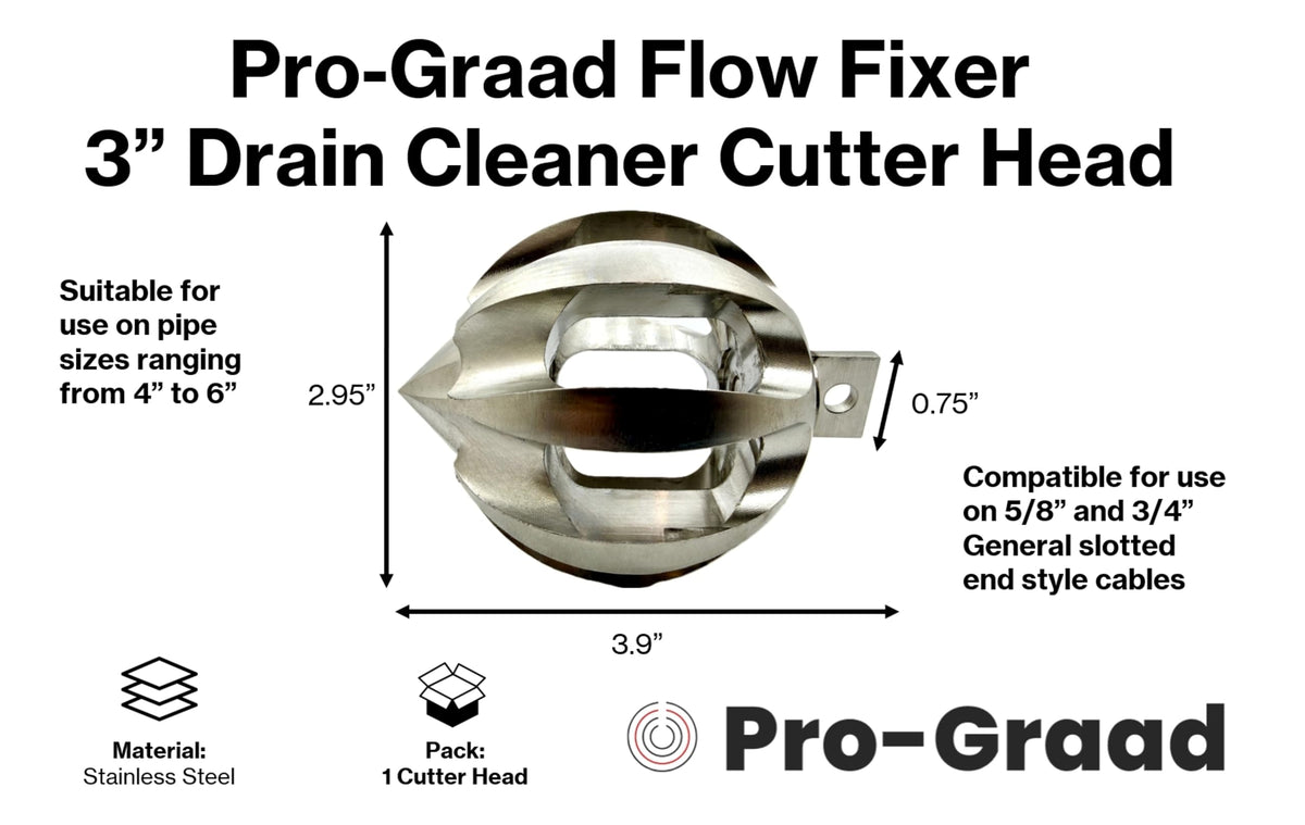 Pro-Graad Flow Fixer 3" Drain Cleaner Plumbing Snake Cutter Head for 4" – 6” Pipes, Clears & Scrapes Pipe Inner Walls, Fits 5/8” & 3/4" Cables, for Commercial & Residential Use