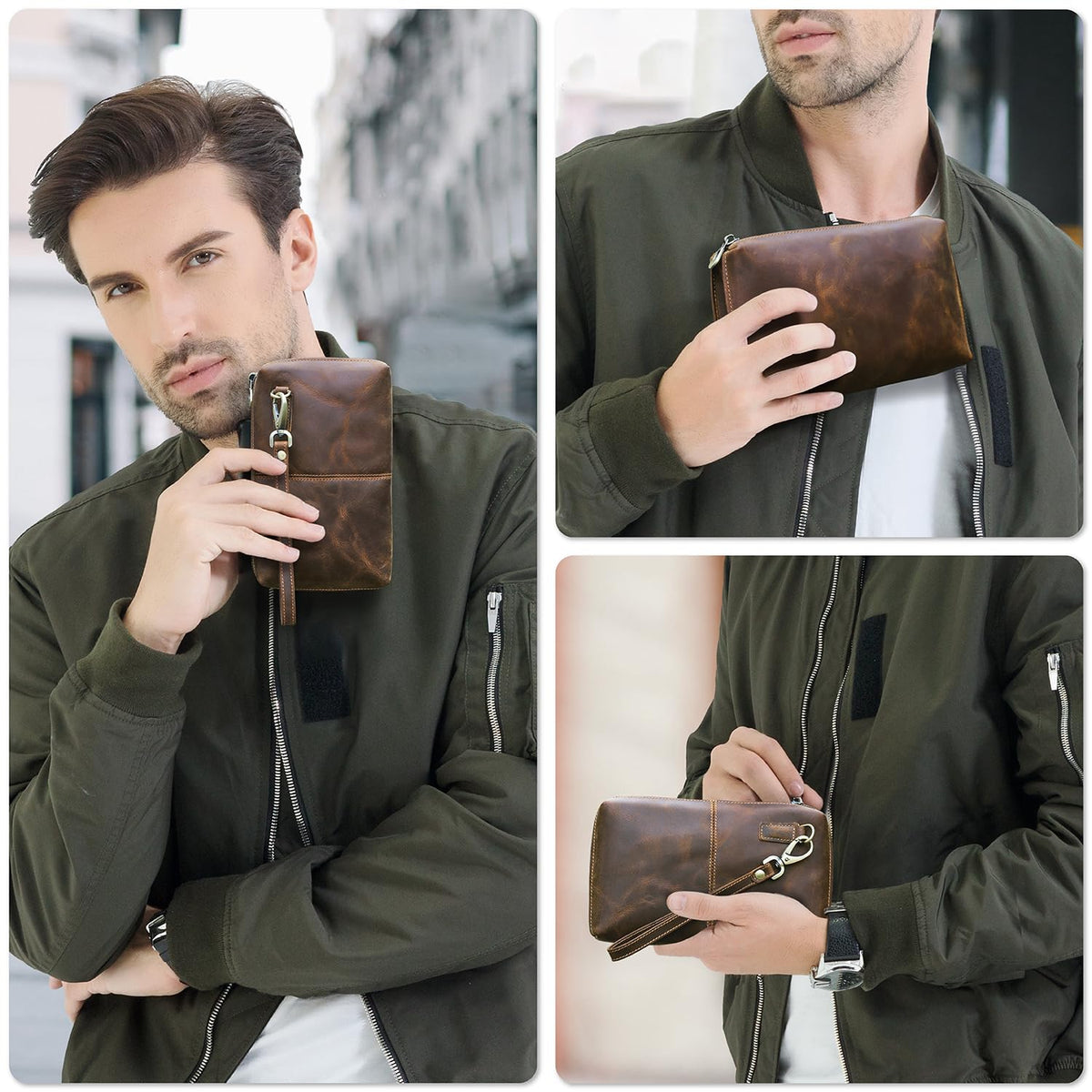 Top Grain Genuine Leather Clutch Wallet with Wristlet for Man & Woman, Handmade Simple Retro Vintage Design, Multi Pockets & Card Slots, RFID Large Capacity for Cards/ID/Checks/Banknote/Phone, Coffee