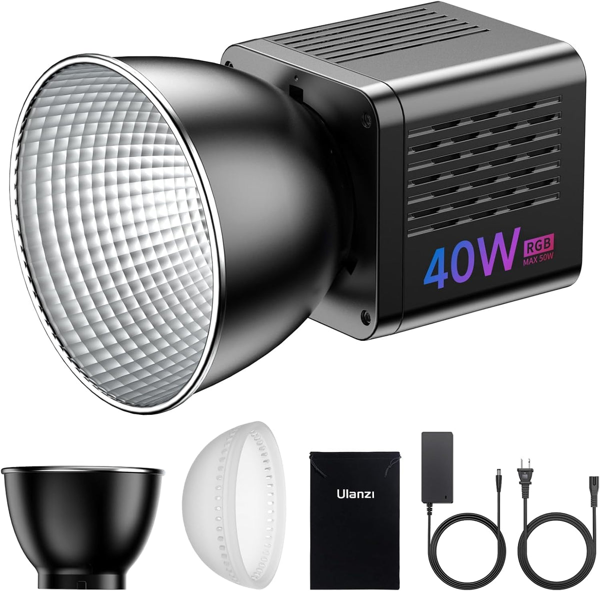 ULANZI 40W Pro RGB Portable LED Video Light w Adapter, 3400mAh Mini COB Continuous Handheld Spotlight, Ulanzi LA03 Quick Adjustment Handheld Light Stand Grip with 1/4" Screw for COB Light