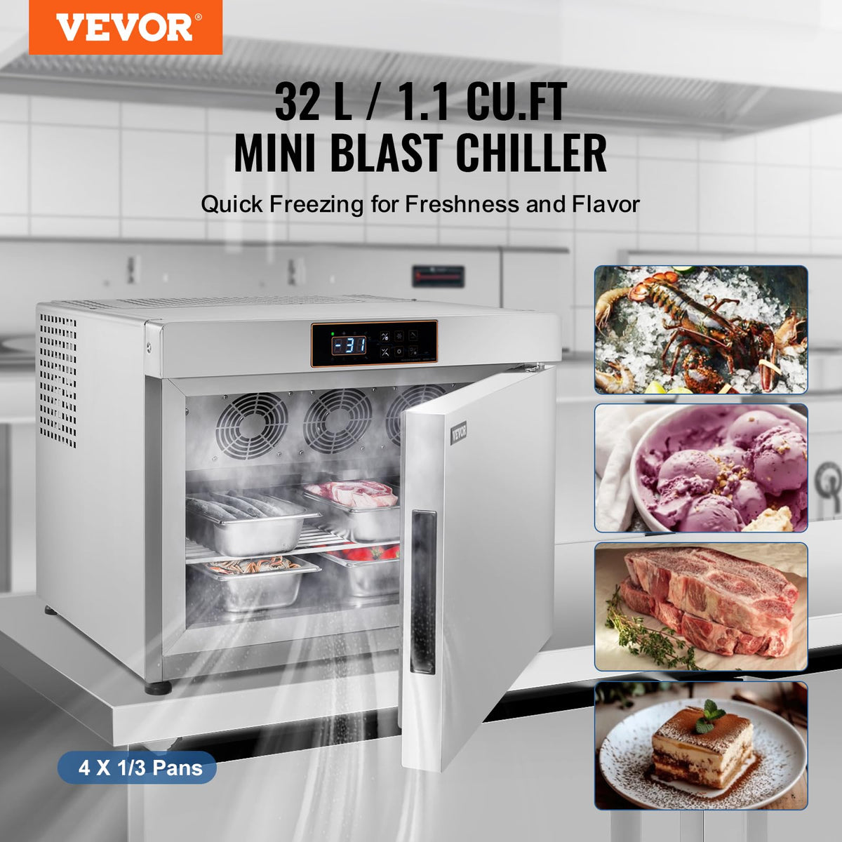 VEVOR 32L Blast Freezer, 4 Trays Commercial Freezers Flash,<-31~68°F> Mini Countertop Shock Frozen for Home, 360° Fan Cooling Batch Freeze, 304 Stainless Steel Blast Chiller for Seafood, Ice Cream