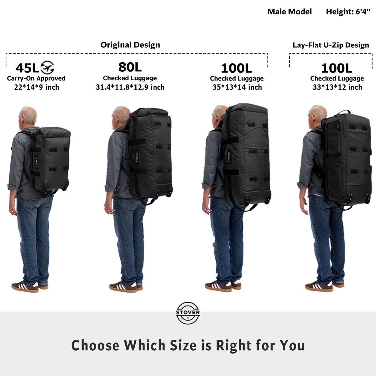 STOVER 45/80/100L Rolling Duffel Bag with Wheels, Large Durable Travel Duffle + Toiletry Bag, Heavy Duty, Packable, Foldable with Shoulder Straps- Use as Luggage or Backpack, Men/Women (Green)