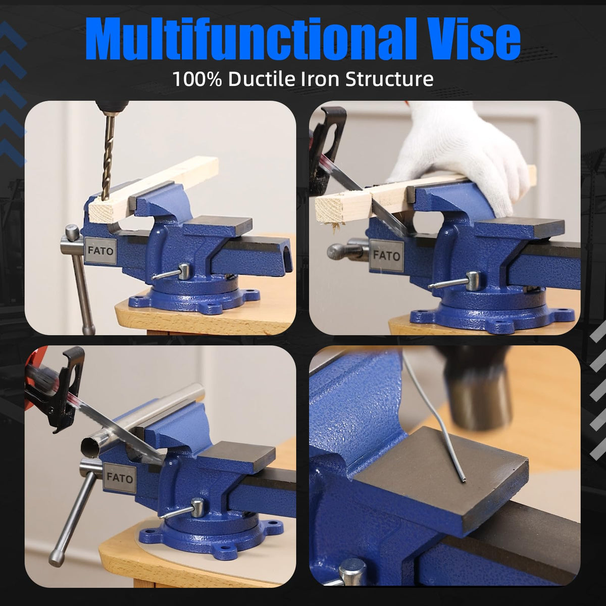 FATO FATO 5 Inch Light Duty Bench Vise – Ductile Iron Workbench Vise with 360° Swivel Base & Head, Anvil and Pipe Jaws, 4.92" Jaw Width 3.94" Opening, for Woodworking, Garage DIY
