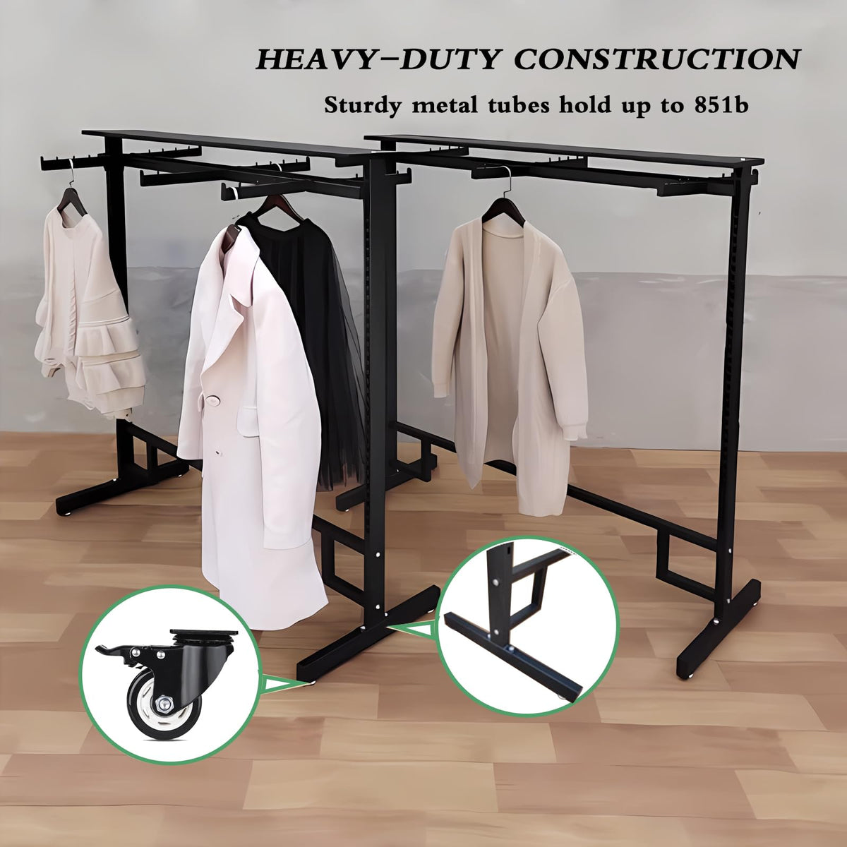 Clothing Rack with adjustable 8 Arms, Garment Rack Display Stand with Wheels and Shelf, Metal Clothes Hanger with Double Rod, Large Boutique Retail Stores Storage (Black, 59 * 19.6 * 61.02in)