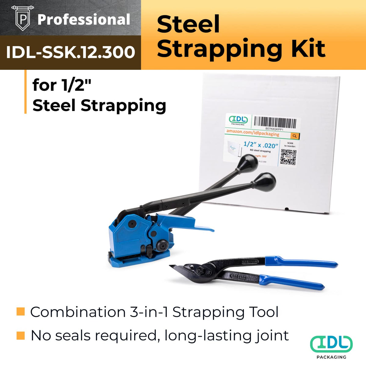 IDL Packaging PRO 1/2" x 300' Steel Strapping Kit, 1100 lbs Break Strength – with Innovative IDL-17-12 Combination Tool, No Seals Required – Complete Packaging Strapping Solution