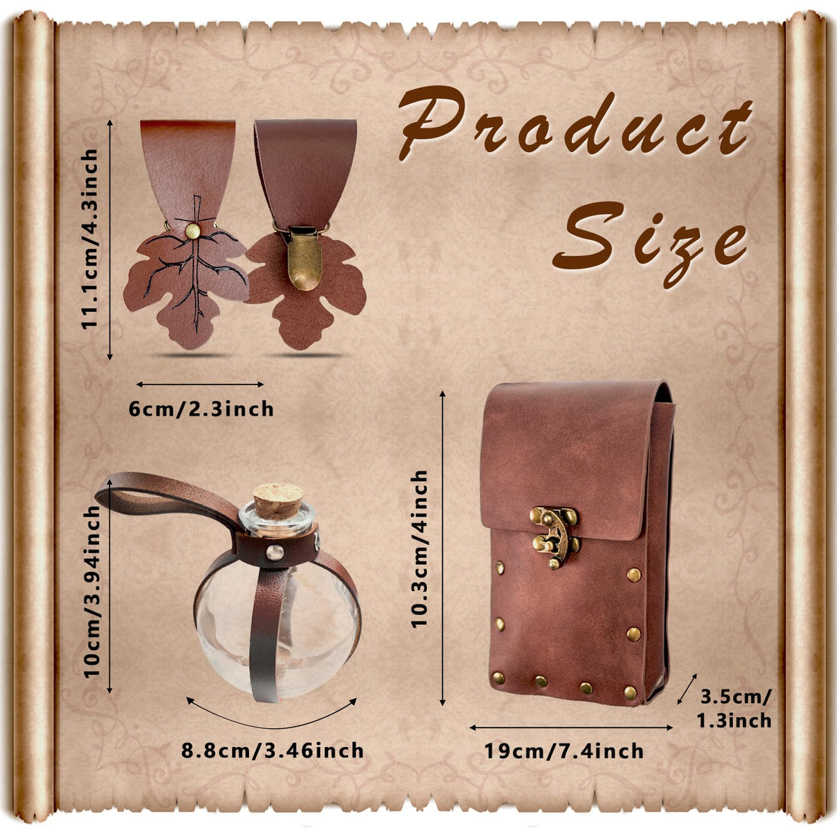 FunMular Renaissance Accessories Costume Women Belt Pouch Medieval Viking Potion Bottles Waist Bag Leather Belt Leaf Skirt Hikes (Brown Set)