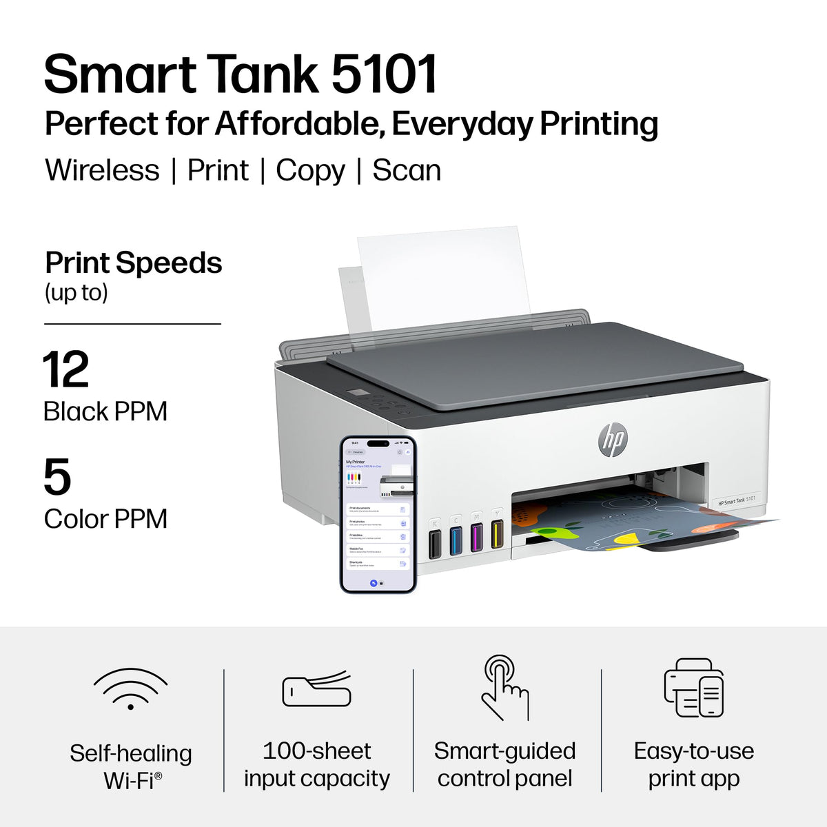 HP Smart Tank 5101 Wireless All-in-One Refillable Printer, Scanner, Copier with 2 years of Ink included, Wireless printer-for-home use. (1F3Y0A)