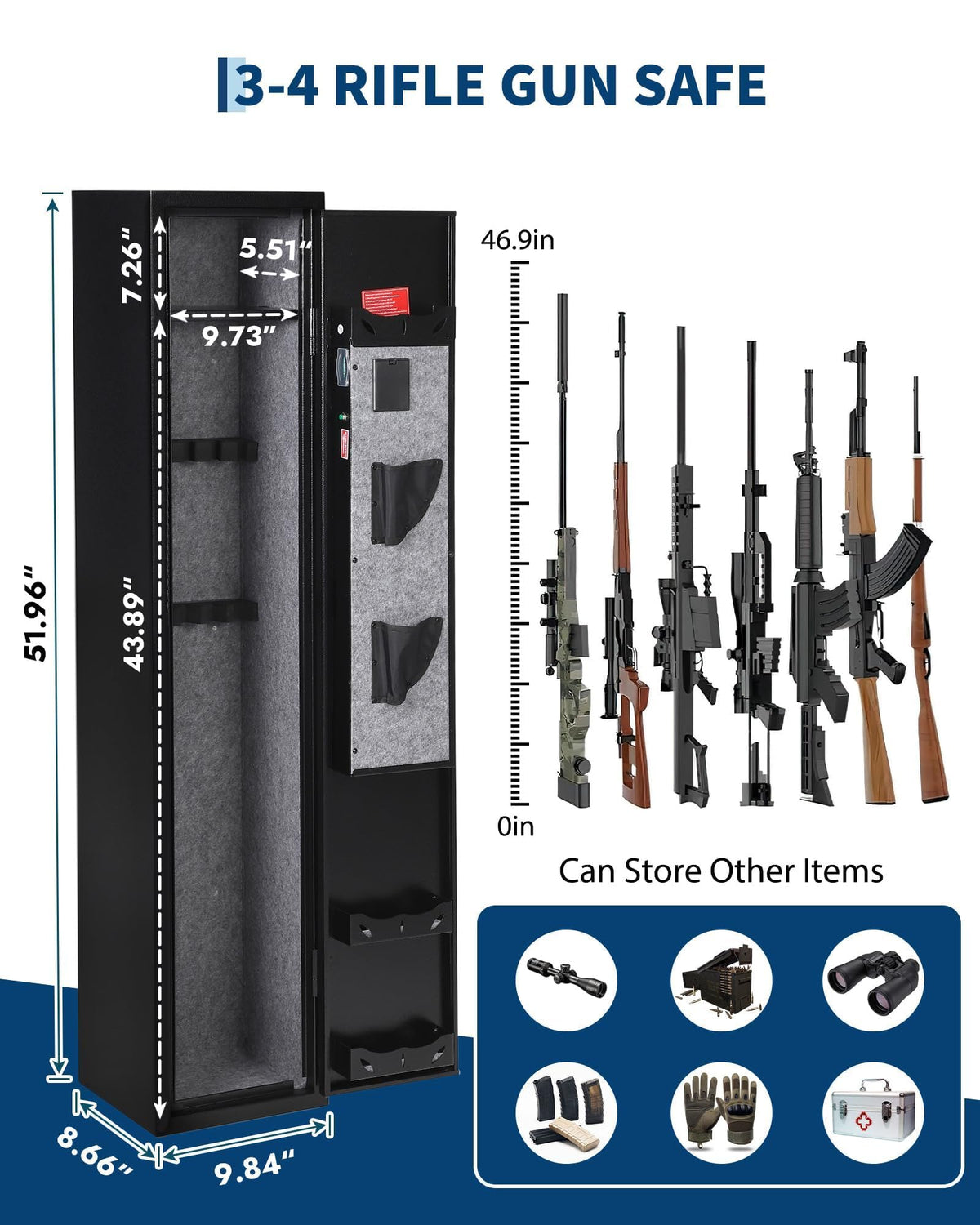 3-4 Gun Safes, Gun Cabinet for Rifles and Pistols, Quick Access Rifle Safe with Removable Shelf, Multifunction Lock, Pistol Pockets for Home Office