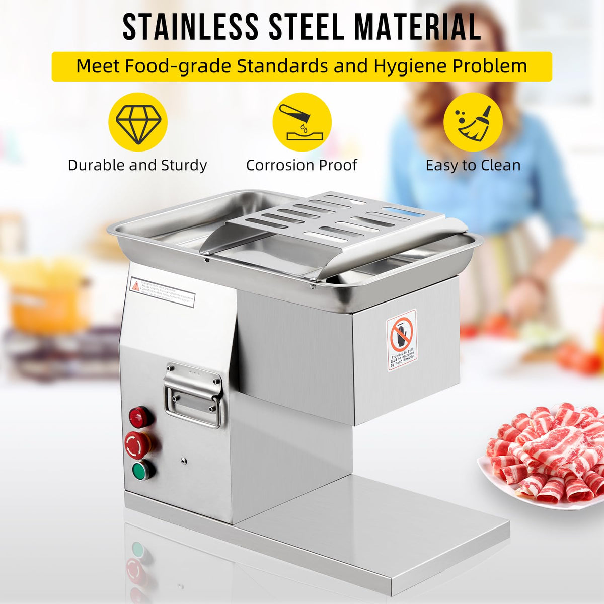 Takywep 110V Commercial Meat Cutter Machine, Automatic Operation, Electric Meat Shredding Machine 3mm Blade Restaurant Food Slicer Stainless Steel For Kitchen Restaurant Supermarket